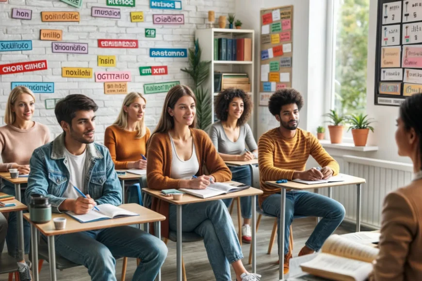 group of adults learning english in Galaxias
