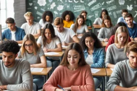 This image captures a group of students diligently working on their English assignments. The students are seated at desks and are actively engaged in writing, suggesting a focus on language learning and practice.